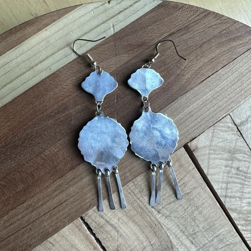 Vintage Zuni Hook Dangle Earrings 3.4 Inch Blue Turquoise 925 Sterling 12.5g